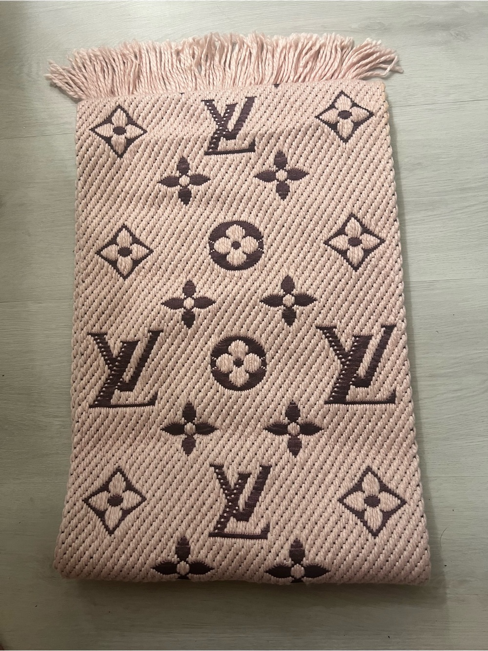Pink Clover LV Pink and Brown Patterned Fringe Scarf Brand New with tags